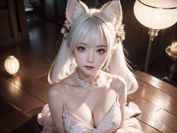 Two Miss Fox Demons，T-shirt wraps around your neck，High collar、High collar、High collar、High collar、High collar、High collar、Fox Devil Fox Years White Hair Girl，You can overlook the night view of Changan，Sexy and feminine，sit pose，Fluffy fox ears，fox tails，N...