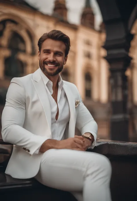 a rich man with a beautiful background in moscow, white suit, confident smile, Summer atmosphere.