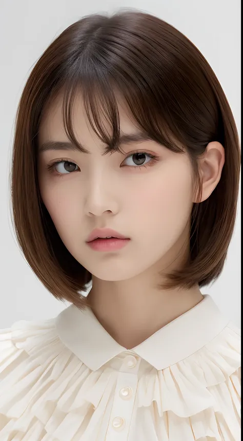 one beautiful Japanese model ,Unique hair details, Dior blouse, frill white pattern, Near future, Curvilinear details , detailed eyes, double eyelid, plump lips, Two-Tier Inverted shaggy hair, professional makeup, hyper res