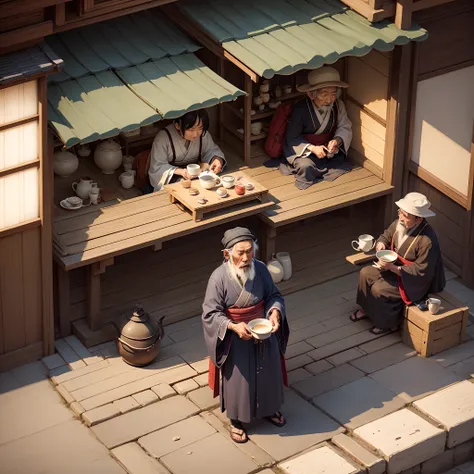 Japanese old beggers sipping tea on a street,8k, micro detail, illustration