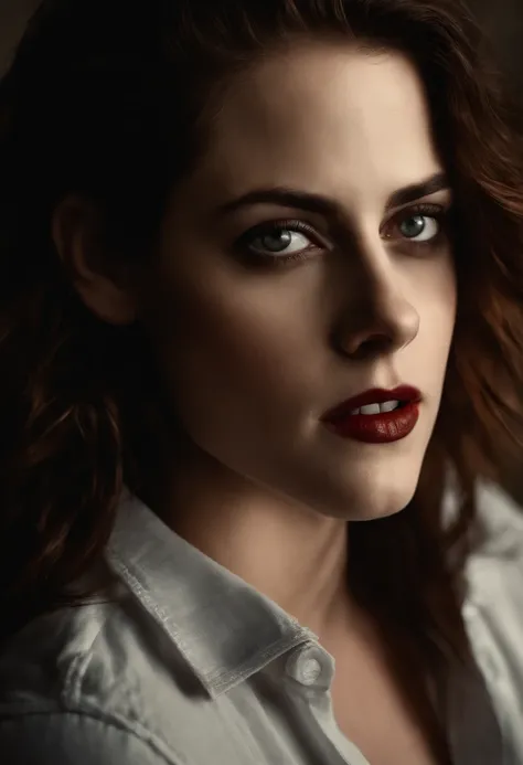 Kristen Stewart, portrait, Lovely face, pretty eyes, vampire teeth,vampire,blood, best qulaity, full-body, emo, Bella swan, realistic