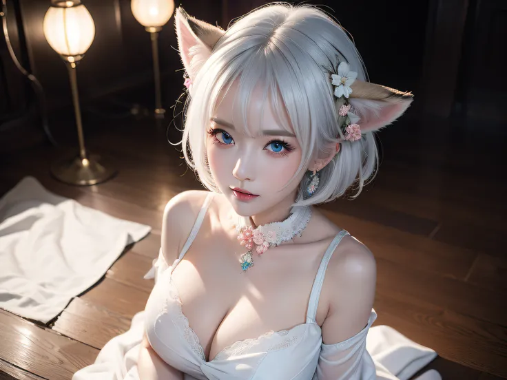 Two Miss Fox Demons，T-shirt wraps around your neck，High collar、High collar、High collar、High collar、High collar、High collar、Fox Devil Fox Years White Hair Girl，Overlooking the night view of Changan，Sexy and feminine，sit pose，Fluffy fox ears，fox tails，No ear...