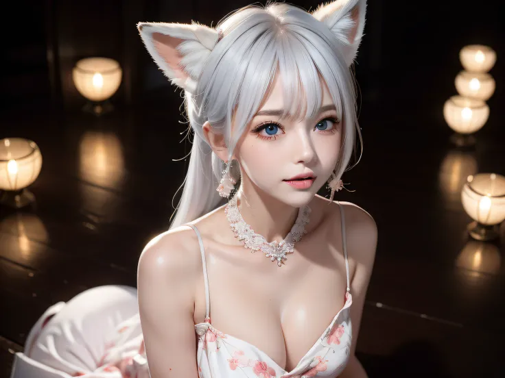 Two Miss Fox Demons，T-shirt wraps around your neck，High collar、High collar、High collar、High collar、High collar、High collar、Fox Devil Fox Years White Hair Girl，Overlooking the night view of Changan，Sexy and feminine，sit pose，Fluffy fox ears，fox tails，No ear...