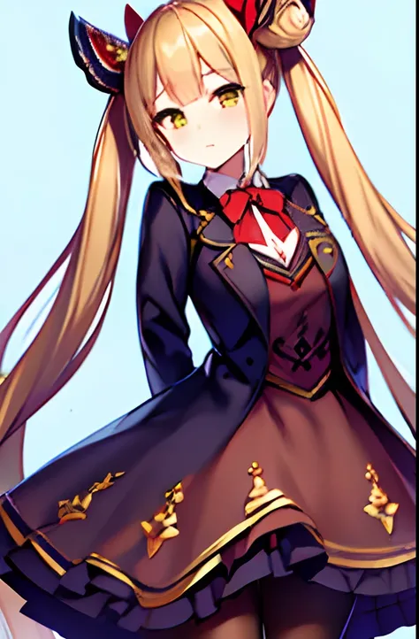 1girl, bad_id, bad_twitter_id, black_pantyhose, blazer, blonde_hair, bow, bowtie, closed_mouth, collared_shirt, double_bun, expressionless, hair_bun, hair_ribbon, head_tilt, jacket, long_hair, luna_(shadowverse), n.a., pantyhose, red_bow, red_bowtie, red_r...