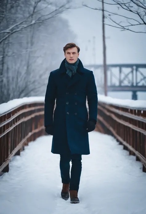 young tall man in vladivostok, in winter, snow, bridge