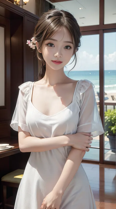 ​masterpiece、Top image quality:1.2、((beautiful young woman with))、Transparent skin:1.2、{A slight smil}、(kawaii)、Short sleeve knit:1.５、luxury hotel、depth of fields、Sharp Focus:1.5、Fine details、The chest is sheer