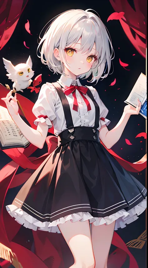 hightquality, Little Girl, a high chroma, Silver hair loosely braided short hair, Yellow eyes, frilled blouse, Red ribbons, nigh sky, Black Suspender Skirt,  picture book