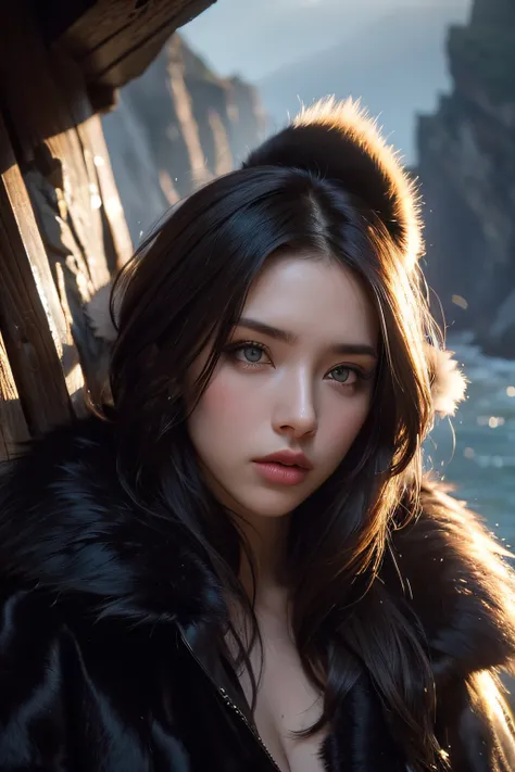 chrrblssm (Sharp Focus:1.2), Photo, attractive young woman, (Beautiful face:1.1), Detailed eyes, luscious lips, (smokey eye makeup:0.85), Wearing (Fur coat:1.2) Inserting a into the (cliffside:1.2). (Moody lighting:1.2), depth of fields, Bokeh, 4K, nffsw. ...