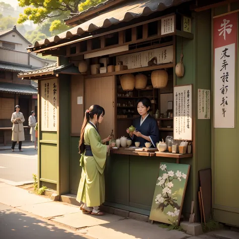 Create a beautiful artwork depicting Japanese individuals enjoying green tea at a street tea stall in the gentle morning sunlight, capturing the serene ambiance and traditional elements.