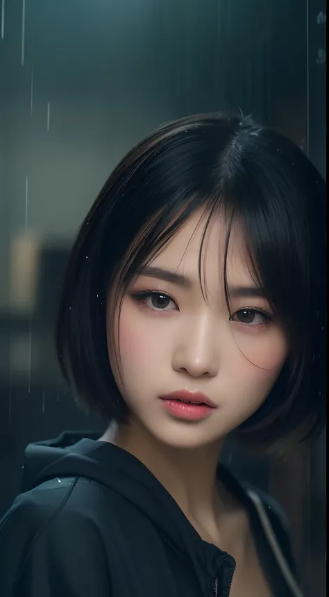 one beautiful Japanese model ,Unique hair details, neon line Negligé, translucent, detailed eyes, double eyelid, plump lips, very very short hair, professional makeup, in the rain, hyper res