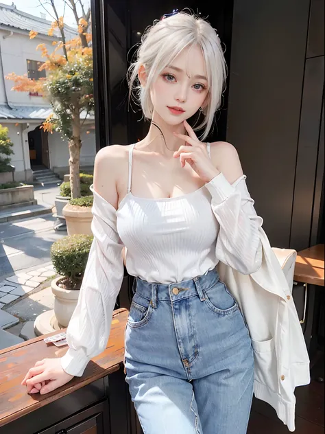 Beautiful girl with white hair and short cut blue eyes、perfectly adapted to the autumn season。Her blue eyes are、Its like a passionate window that fascinates you with the beautiful scenery of autumn.。Her white hair flutters in the autumn breeze、Beautiful co...