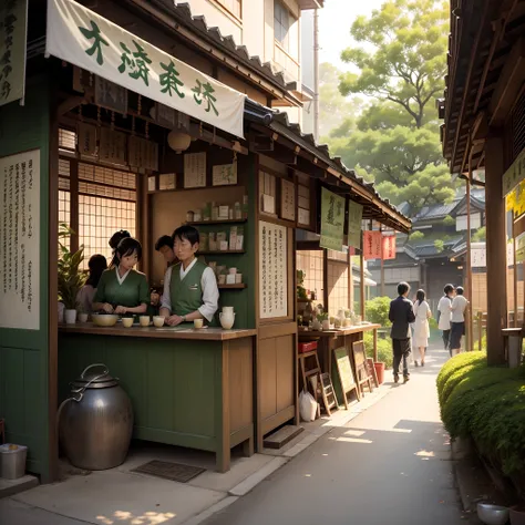 Create a beautiful artwork depicting Japanese individuals enjoying green tea at a street tea stall in the gentle morning sunlight, capturing the serene ambiance and traditional elements.