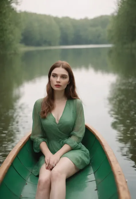 Woman in a green boat sailing on the lake, Sinks, Its like its drowning, floating in the water, floating drowned, Lying on a lily cushion, Swimming Solo, Stay, in a pond, based on William Stott, anna nikonova, Floating away, Ophelia, by Igor Grabar, inspir...