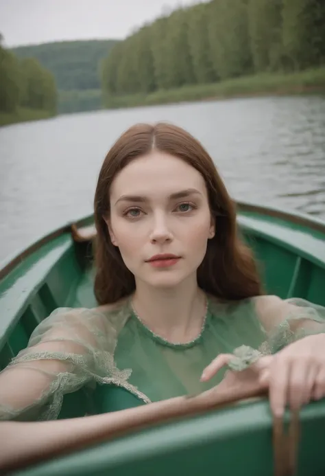 Woman in a green boat sailing on the lake, Sinks, Its like its drowning, floating in the water, floating drowned, Lying on a lily cushion, Swimming Solo, Stay, in a pond, based on William Stott, anna nikonova, Floating away, Ophelia, by Igor Grabar, inspir...