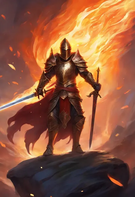 flaming night, big sword, plate armour, action pose, fighting, cross