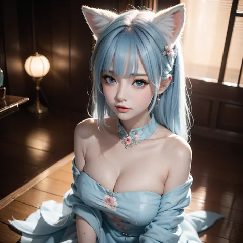 Two Miss Fox Demons，T-shirt wraps around your neck，High collar、High collar、High collar、High collar、High collar、High collar、Fox Devil Fox Years White Hair Girl，You can overlook the night view of Changan，Sexy and feminine，sit pose，Fluffy fox ears，fox tails，N...