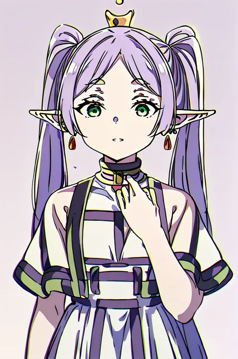 (best quality, masterpiece, highres), 1girl, solo, ((frieren)), elven ears, green eyes, light purple hair, ((twintails)), white ...