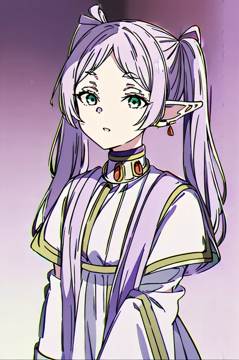 (best quality, masterpiece, highres), 1girl, solo, ((frieren)), elven ears, green eyes, light purple hair, ((twintails)), white ...