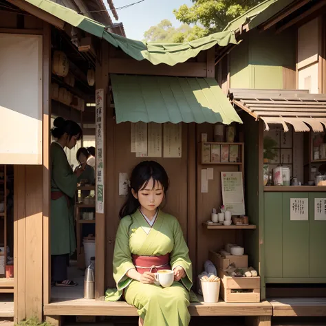 Create a beautiful artwork depicting Japanese individuals enjoying green tea at a street tea stall in the gentle morning sunlight, capturing the serene ambiance and traditional elements.