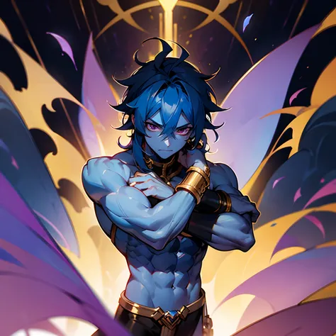 1male , blue skin , blue hair , golden bracelets , black cloudy background , somber expression , golden jewelry , muscular build , Djinn, genie , black eyes ,  four arms , long messy hair , purple eyes