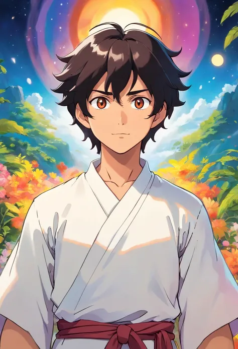 a man wearing an white tunic, tanned skin, in the style of tranquil circusscapes, colorful animation, honest portrayal, four arms, big chest, black shaggy hair, stubble on chin, sharp eyes, roman nose, buff