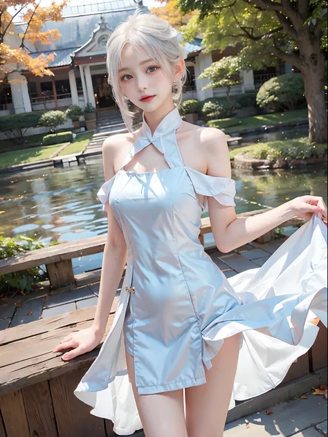 Beautiful girl with white hair and short cut blue eyes、Wearing a beautiful dress in the autumn season。Her dress is、In a nice crimson color that harmonizes with the shades of autumn、In harmony with hair swaying in the wind。The dress complements her attracti...