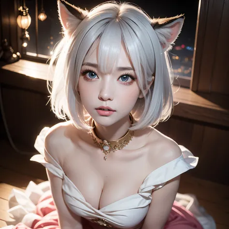 Two Miss Fox Demons，T-shirt wraps around your neck，High collar、High collar、High collar、High collar、High collar、High collar、Fox Devil Fox Years White Hair Girl，Overlooking the night view of Changan，Sexy and feminine，sit pose，Fluffy fox ears，fox tails，No ear...