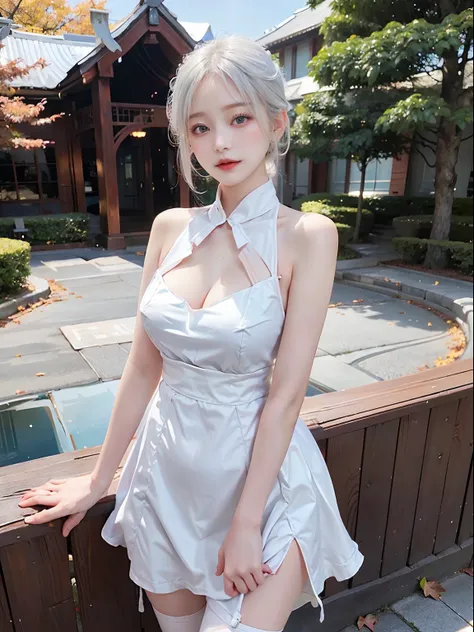 Beautiful girl with white hair and short cut blue eyes、Wearing a beautiful dress in the autumn season。Her dress is、In a nice crimson color that harmonizes with the shades of autumn、In harmony with hair swaying in the wind。The dress complements her attracti...