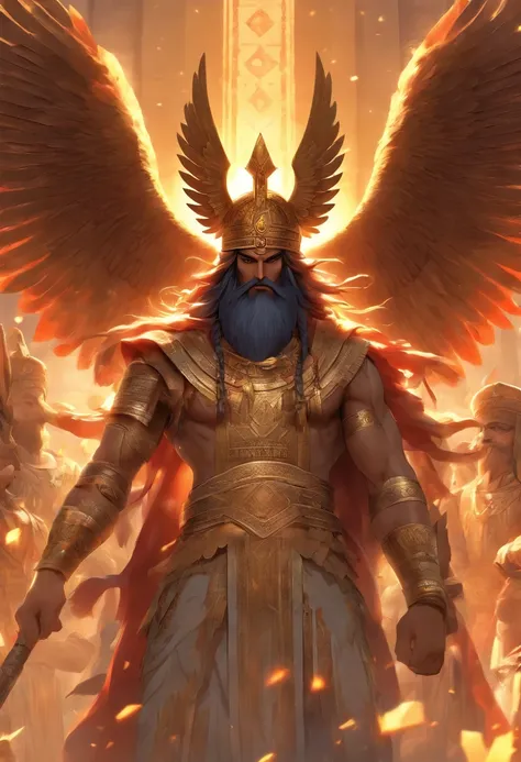 (((Akkadian God))) best quality, ultra-high resolution, 4K detailed CG, master piece,Enki,man,black beard and hair,pointed crown,wings, Sumerian clothing, (((four wings))), cuneiform, Akkadian Mythology, Babylonians, Assyrians, Painting style, aesthetics, ...