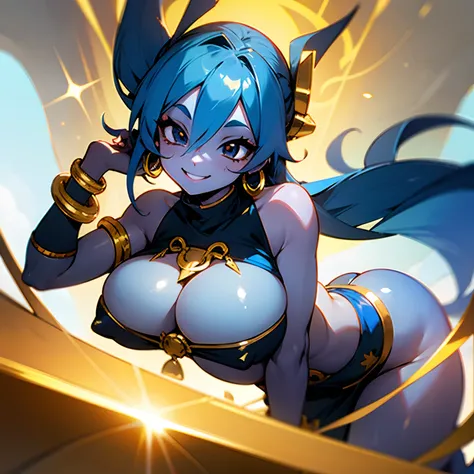 1female , blue skin , blue hair , golden bracelets , gold cloudy background , smiling , golden jewelry , thick build , Djinn, genie , black eyes , big boobs