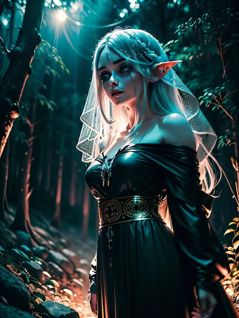 Uma linda fada do bosque, Tecido leve tule, Elvish,, rosto de aspecto meio e inocente, olhar inocente, elfa extremamente apaixonante meia e sedutora. r, Long loose dress flying like a black evening veil, andando em uma floresta a noite escura e sombria com...