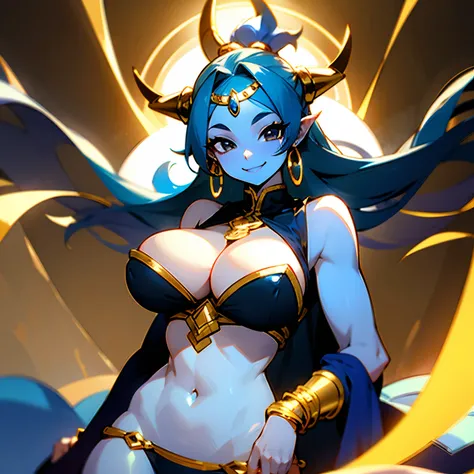 1female , blue skin , blue hair , golden bracelets , gold cloudy background , smiling , golden jewelry , thick build , Djinn, genie , black eyes , big boobs