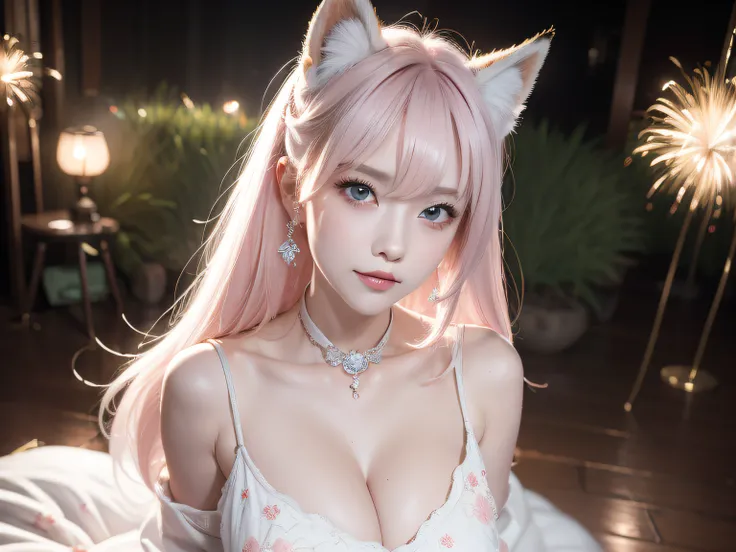 Two Miss Fox Demons，T-shirt wraps around your neck，High collar、High collar、High collar、High collar、High collar、High collar、Fox Devil Fox Years White Hair Girl，You can overlook the night view of Changan，Sexy and feminine，sit pose，Fluffy fox ears，fox tails，N...