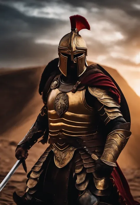 spartan warrior, fighting , stunning armor, black gold armor, epic, 8k