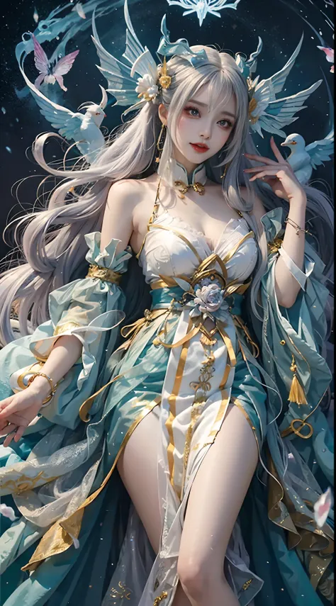 Close-up of a woman in costume on stage, Whole body xylose, Beautiful celestial mage, a stunning young ethereal figure, beautiful fantasy empress, astral witch clothes, shaxi, flowing magical robe, Hanfu Blanco, xianxia fantasy, belle delphine, Ethereal fa...