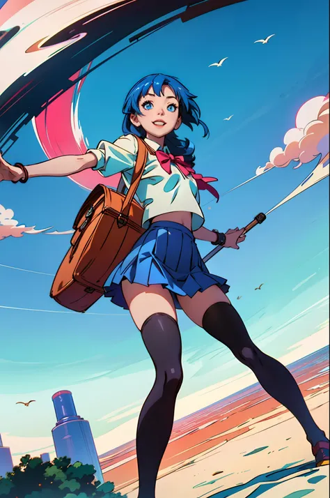 an anime character dressed up in a blue, white, and pink skirt on the beach, 1girl, solo, long hair, thighhighs, blue hair, blue eyes, looking at viewer, Bass Stop, black thighhighs,、Smile, To shine, Cheeks are red, school uniform thigh-highs:1.4 (mini ski...