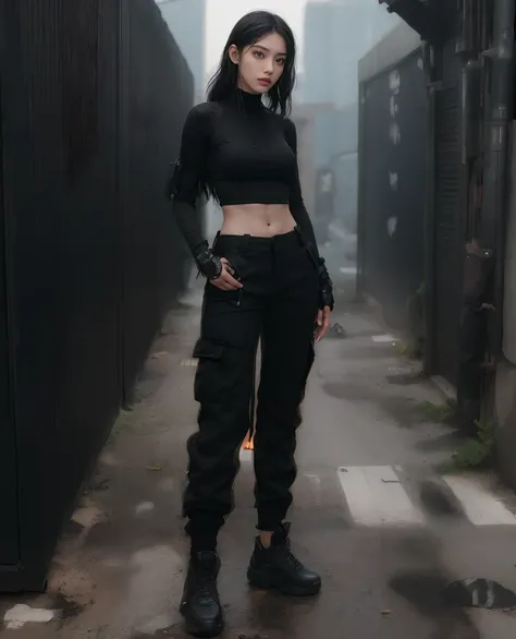 arafed woman in black pants and a black top standing in front of a wall, cargo pants. cyberpunk city, baggy black pants, all black cyberpunk clothes, wearing cargo pants, 2 4 year old female model, baggy pants, wearing japanese techwear, photograph of a te...