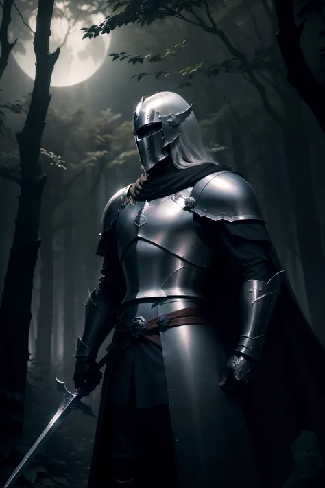 an Arthurian medieval royal knight standing resolute in a dense forest, surrounded by foes  and shadowy adversaries beneath the moonlit night. The knight wields a gleaming sword, he holds his sword with steady determination. The moonlight filters through t...