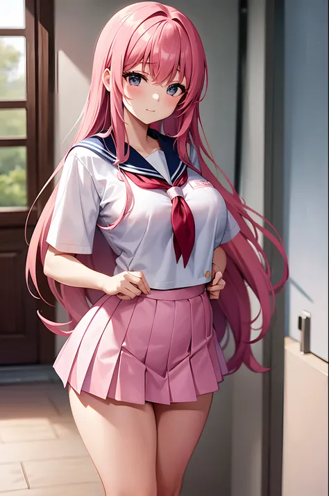 high school girl in a sailor suit with pink hair and a thick miniskirt in the infirmary