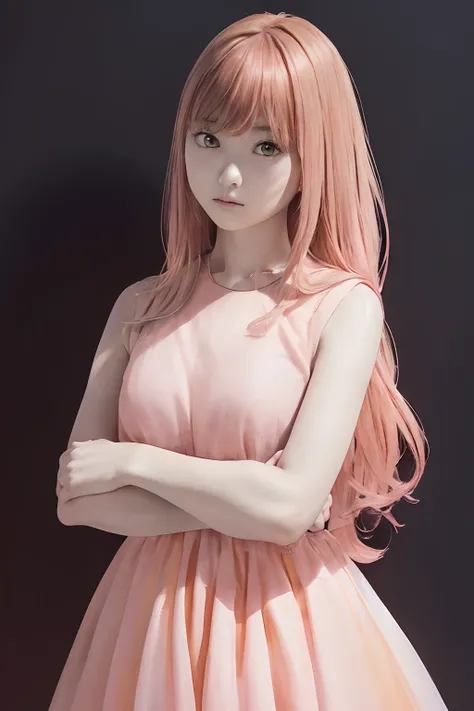 upperbody shot、(((black backgrounds)))、front facing、an oil painting、​masterpiece、top-quality、front facing、hight resolution、(((Peach-colored hair)))、angry、(((pink clothing)))、long、(((Peach-colored dress)))、femele１a person、(((Arms crossed in front of the che...