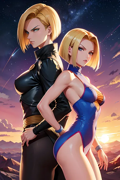 Reimagine Android 18 from dragon ball z anime, masterpiece illustration, cinematic, Galactic backdrop, sunset horizon