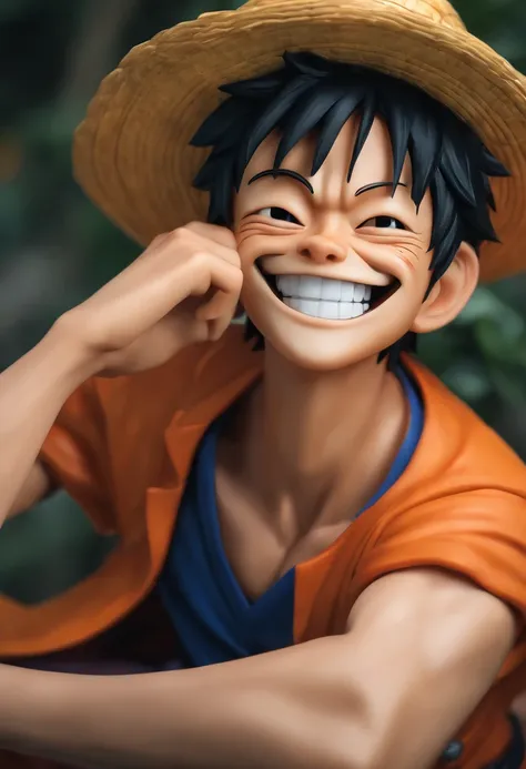 ((luffy nika)),masterpiece, (((realistic, 8k, best quality))),realistic, asian male, smile, gi, orange gi, dark blue short-sleeved undershirt,grin