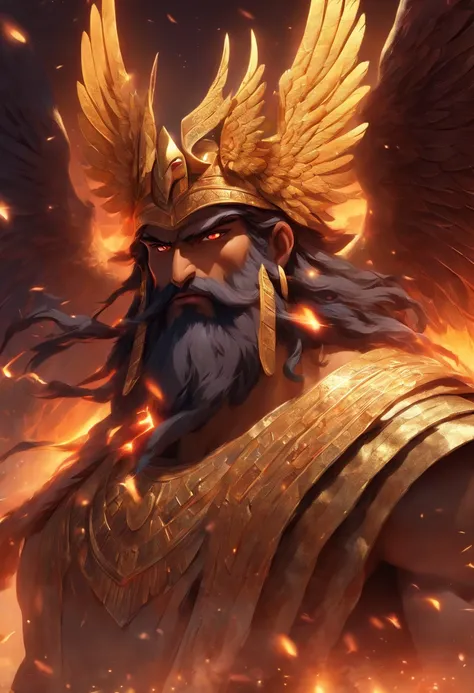 (((Akkadian God with wings))) best quality, ultra-high resolution, 4K detailed CG, master piece,Enki,man,black beard, black hair,horns,wings, Sumerian clothing, cuneiform ,Akkadian Mythology, Babylonians, Assyrians, Painting style, aesthetics, Beautiful im...