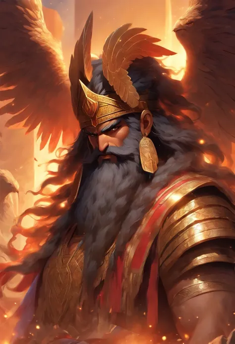 (((Akkadian God with wings))) best quality, ultra-high resolution, 4K detailed CG, master piece,Enki,man,black beard, black hair,horns,wings, Sumerian clothing, cuneiform ,Akkadian Mythology, Babylonians, Assyrians, Painting style, aesthetics, Beautiful im...