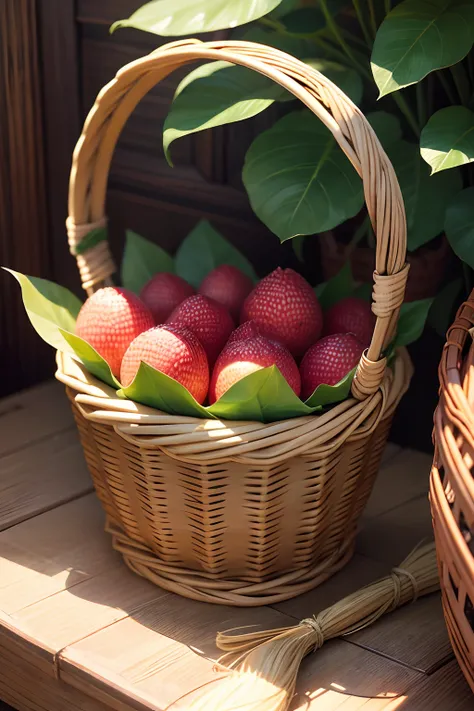 In wicker basket，There are ripe lychees。Green leaves dot it，Fresh lychees are as sweet as honey，Mouth-watering。Ripe lychees exude an enticing fragrance，