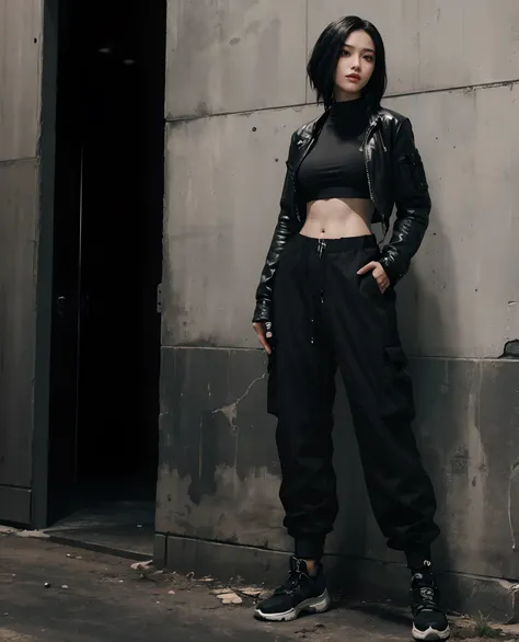 arafed woman in black pants and a black top standing in front of a wall, cargo pants. cyberpunk city, baggy black pants, all black cyberpunk clothes, wearing cargo pants, 2 4 year old female model, baggy pants, wearing japanese techwear, photograph of a te...