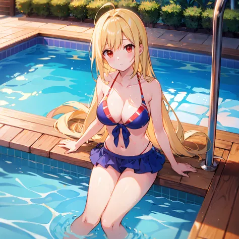 Semi-long blonde hair、red eyes、One Beautiful Girl、Fancy Bikini、suns、swimming pools、sitting on