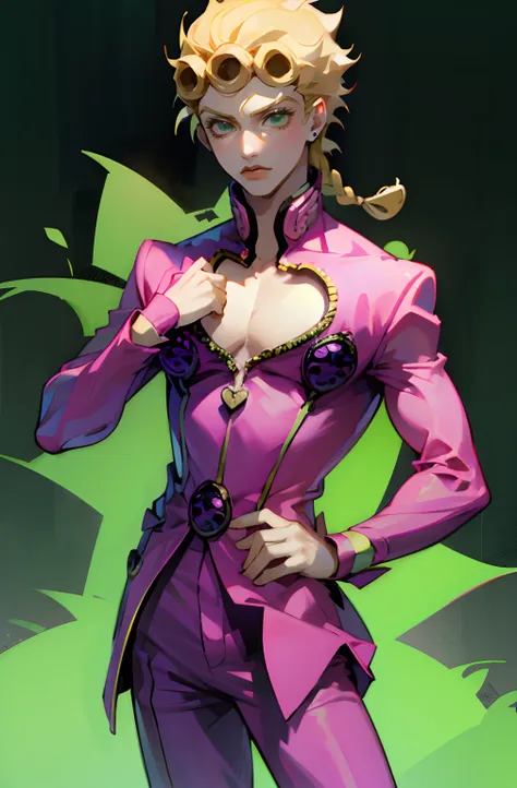 Giorno Giovanna, solo, green eyes, blonde hair, 1boy, braid, male focus, clothing cutout, cleavage cutout, pectorals, pink suit, cowboy shot