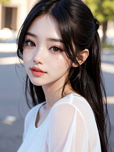 El rostro de una Bonita chica coreana, Kpop idol, 1 girl in, coreana, 30 yrs old, pale skin and freckles, ojos grises, nariz delicado, Labios suaves y delicados, Cola de caballo, Sonrisa cautivadora ultrarrealista HD fotorrealista altamente renderizada