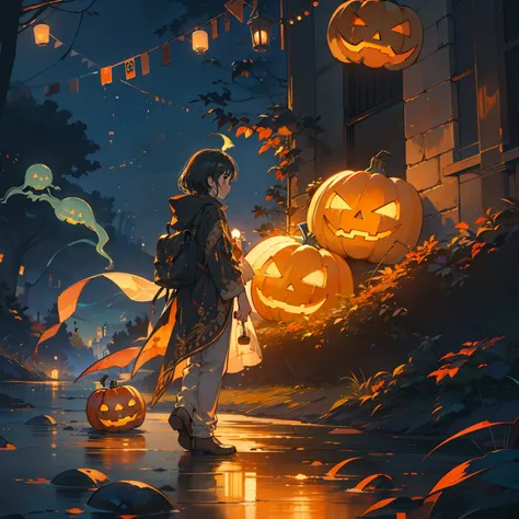 a young boy dressed in a ghost costume holding a cell phone with his left hand and a lighted carved pumpkin with his right, ghost costume, jack-o-lantern, solo, halloween